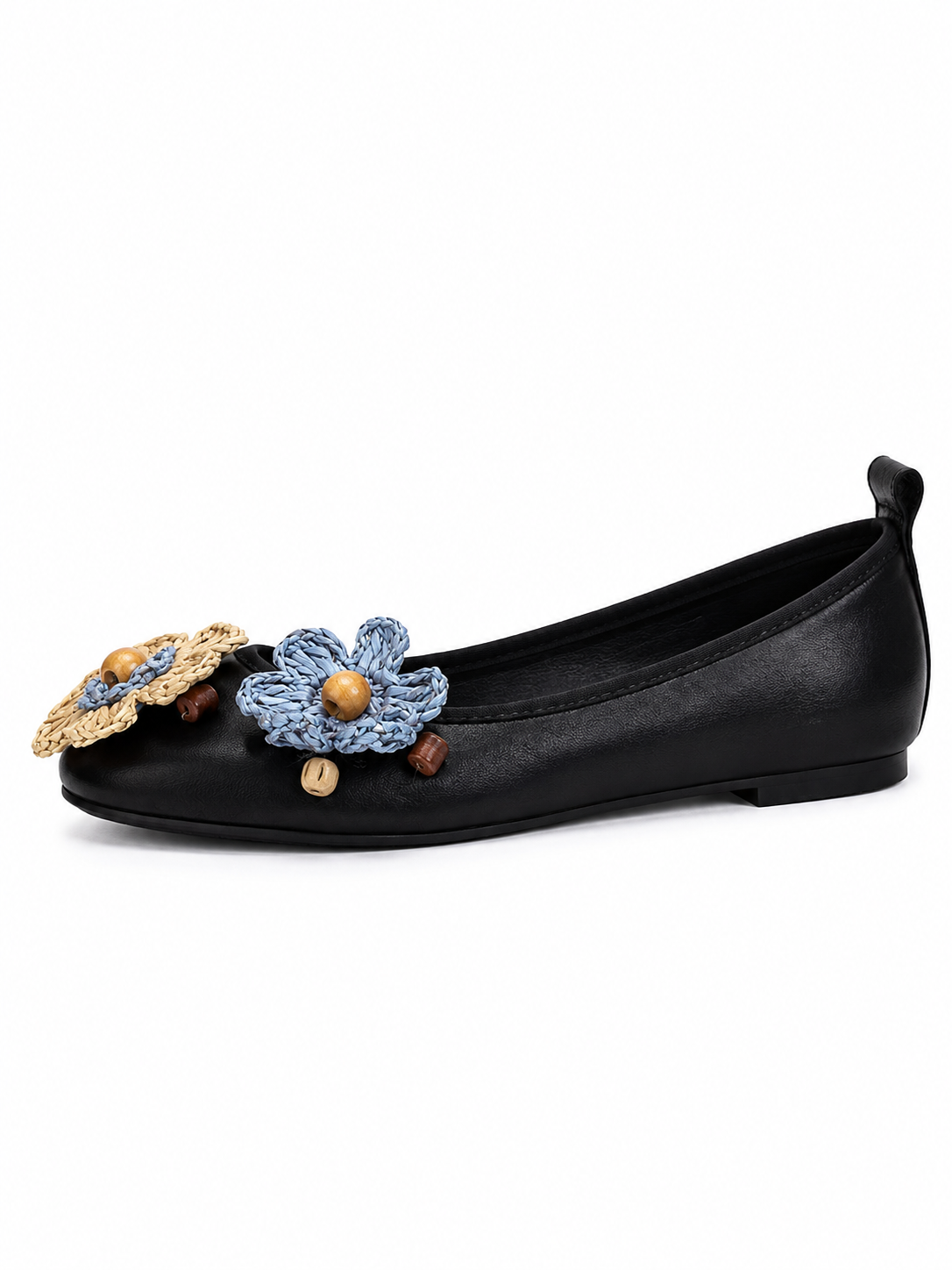 Women’s Black Ballet Flats – Comfortable Flat Shoes with Woven Flower & Wooden Bead Detail