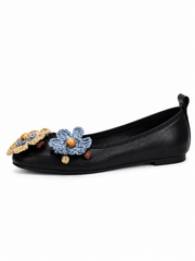 Women’s Black Ballet Flats – Comfortable Flat Shoes with Woven Flower & Wooden Bead Detail