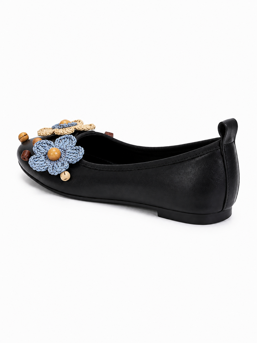 Women’s Black Ballet Flats – Comfortable Flat Shoes with Woven Flower & Wooden Bead Detail
