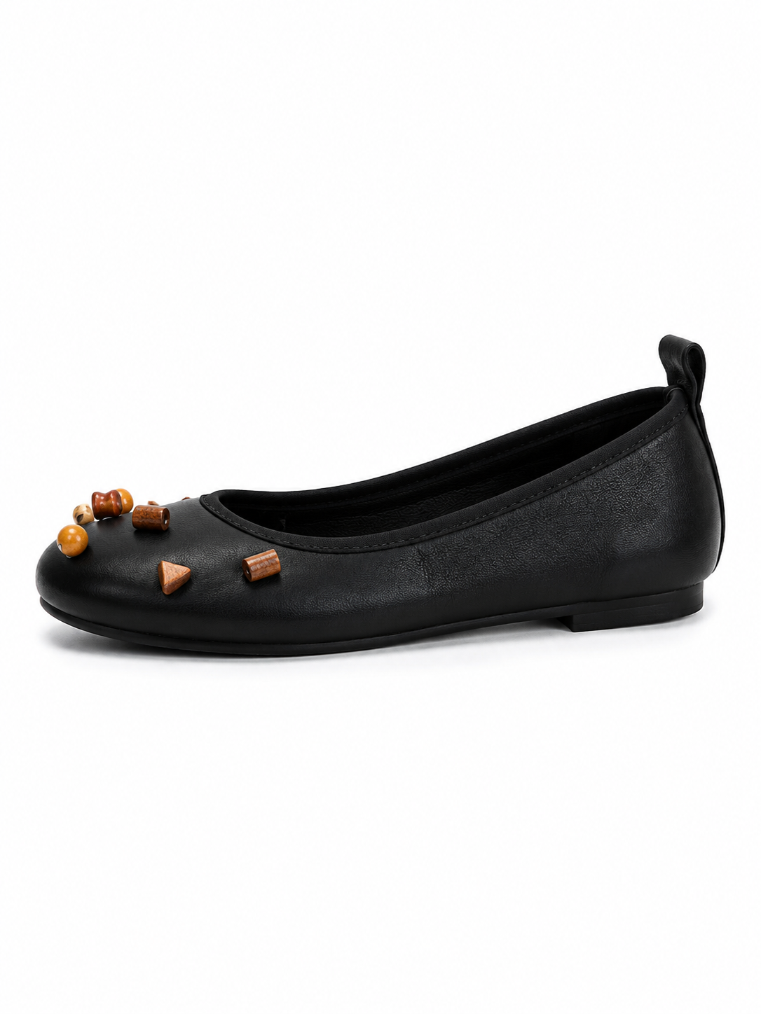 Women’s Black Ballet Flats – Comfortable Flat Shoes with Woven Flower & Wooden Bead Detail