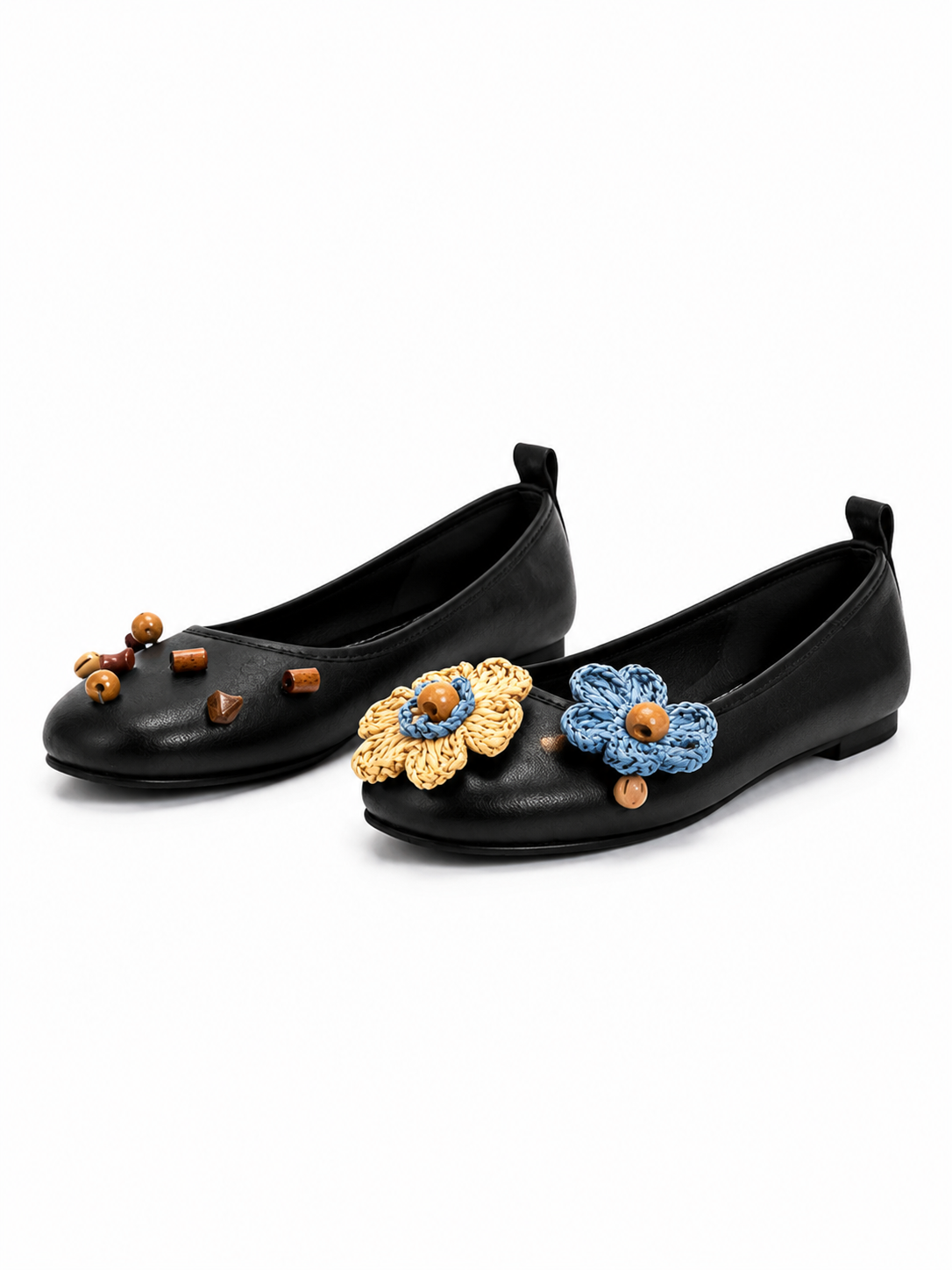 Women’s Black Ballet Flats – Comfortable Flat Shoes with Woven Flower & Wooden Bead Detail
