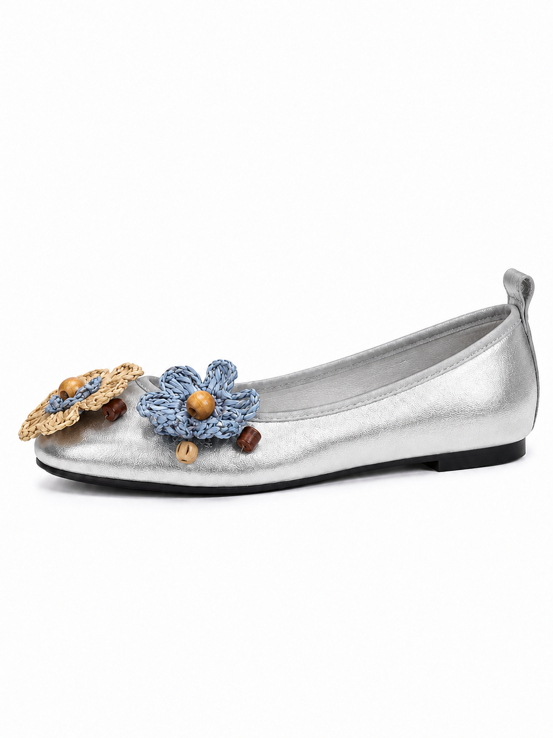Women’s Black Ballet Flats – Comfortable Flat Shoes with Woven Flower & Wooden Bead Detail