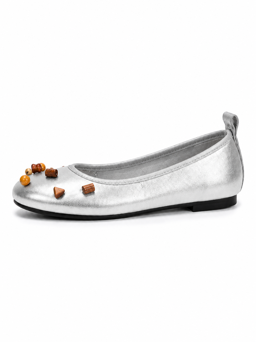 Women’s Black Ballet Flats – Comfortable Flat Shoes with Woven Flower & Wooden Bead Detail