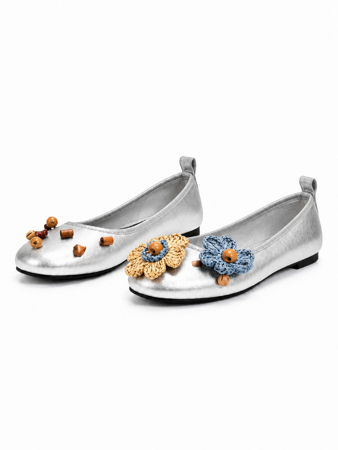 Women’s Black Ballet Flats – Comfortable Flat Shoes with Woven Flower & Wooden Bead Detail