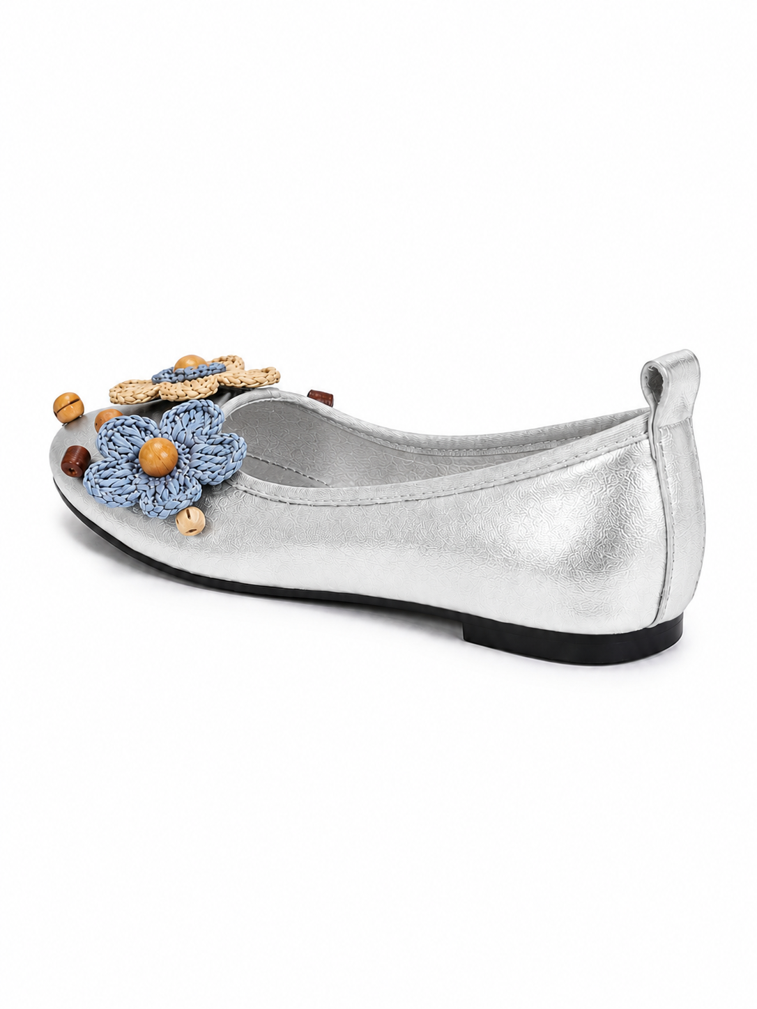 Women’s Black Ballet Flats – Comfortable Flat Shoes with Woven Flower & Wooden Bead Detail