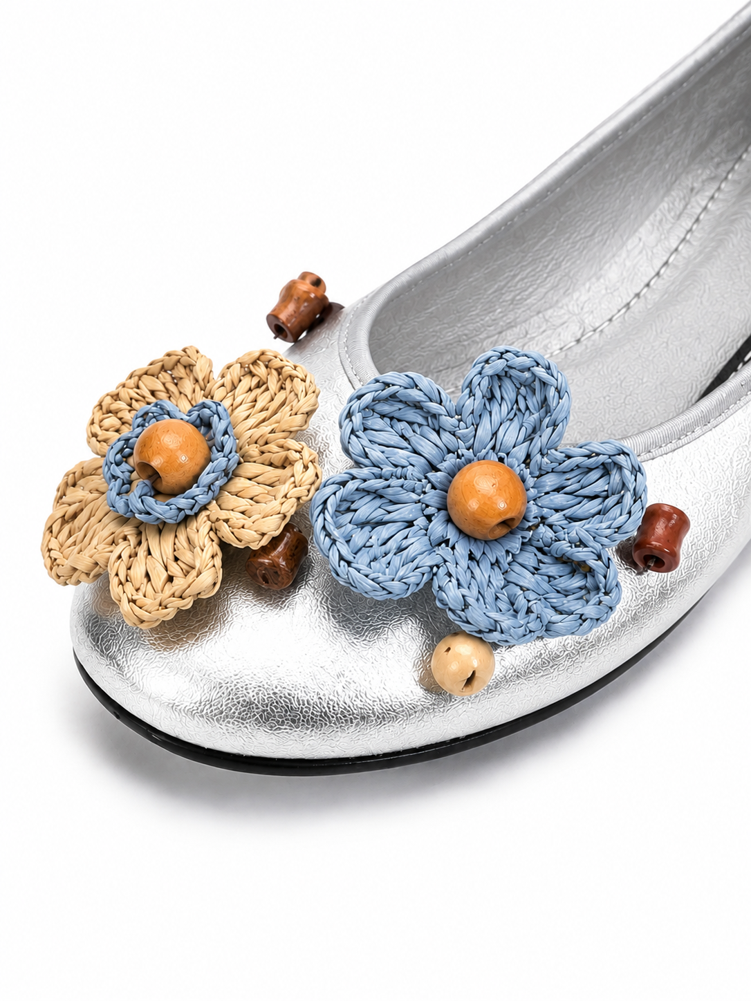 Women’s Black Ballet Flats – Comfortable Flat Shoes with Woven Flower & Wooden Bead Detail