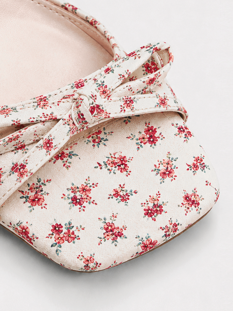 Floral Bow Slingback Kitten Heel Sandals – Square Toe Heels for Women