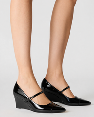 Women’s Pointed Toe Wedge Mary Jane Pumps – High-Shine Buckle Strap Heels