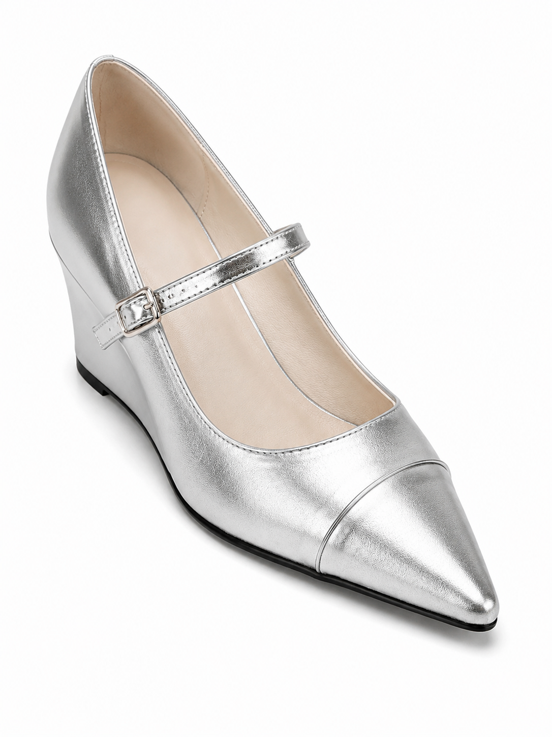 Women’s Pointed Toe Wedge Mary Jane Pumps – High-Shine Buckle Strap Heels