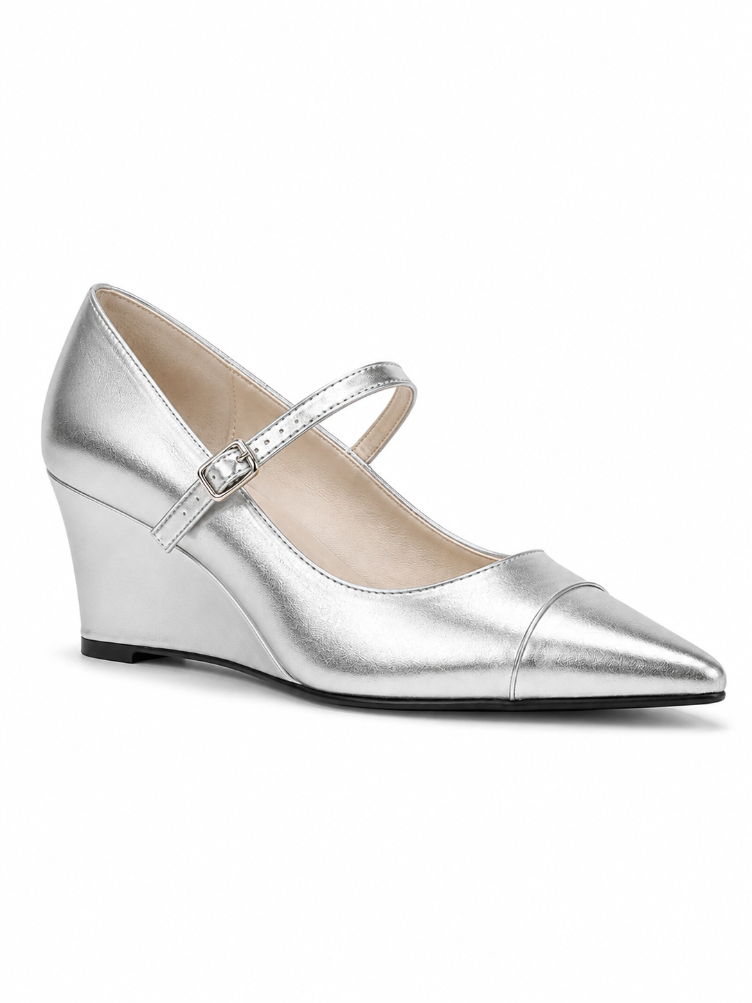 Women’s Pointed Toe Wedge Mary Jane Pumps – High-Shine Buckle Strap Heels