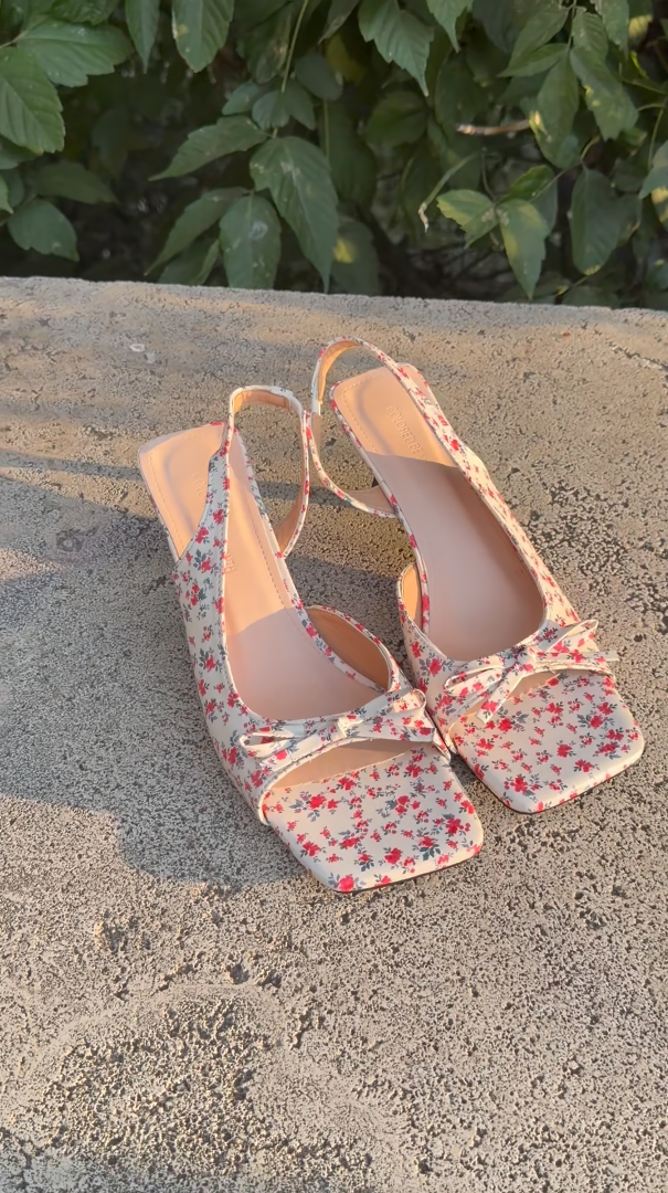 Floral Bow Slingback Kitten Heel Sandals – Square Toe Heels for Women