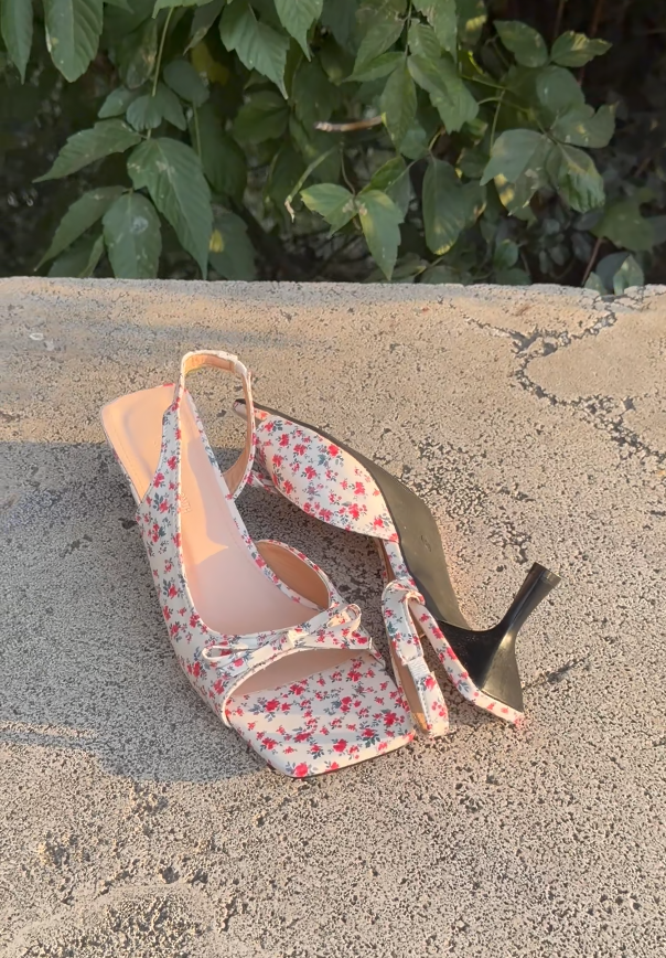Floral Bow Slingback Kitten Heel Sandals – Square Toe Heels for Women
