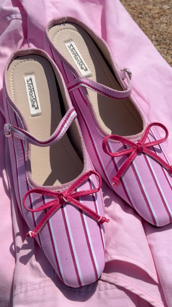 Retro Striped Bow Mary Jane Ballet Flats – Square Toe