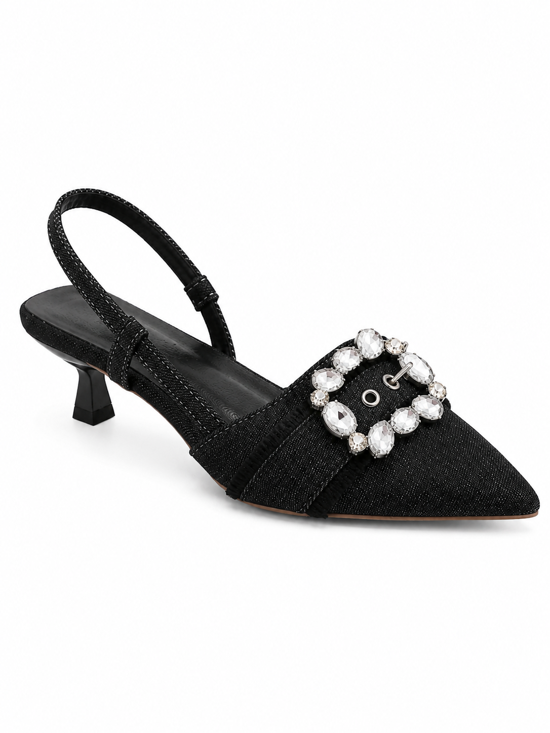 Rhinestone Buckle Slingback Heels for Women – Pointed Toe Denim Kitten Heel Pumps, Vintage Glam Dress Shoes