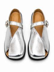 Metallic Silver Buckle Mules for Women – Retro Closed Toe Slip-On Flats