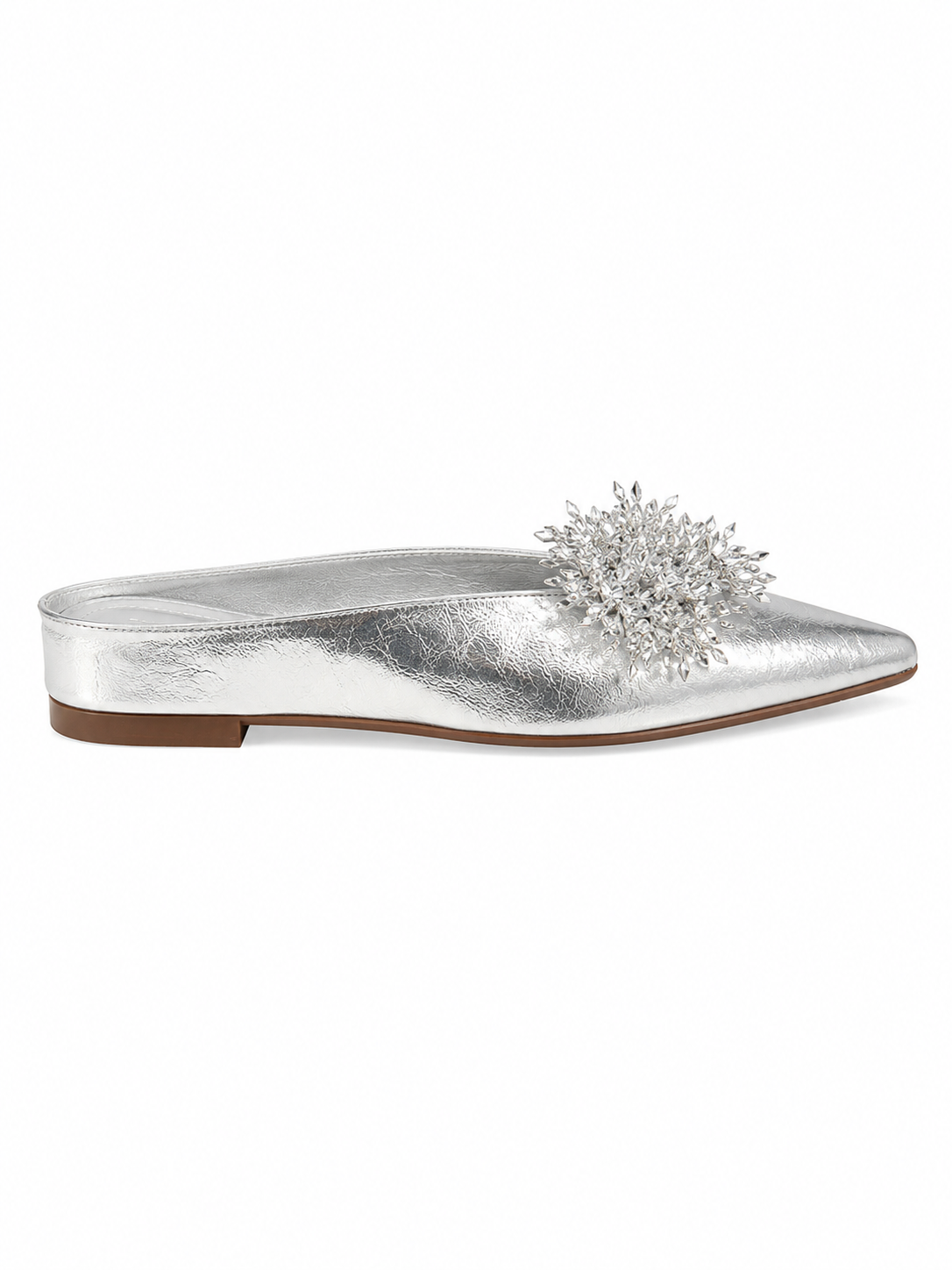 Women’s Rhinestone Mule Flats – Pointed Toe Metallic Slip On Loafers with Crystal Flower Detail