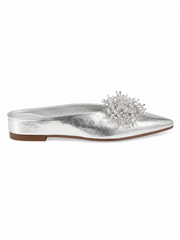 Women’s Rhinestone Mule Flats – Pointed Toe Metallic Slip On Loafers with Crystal Flower Detail