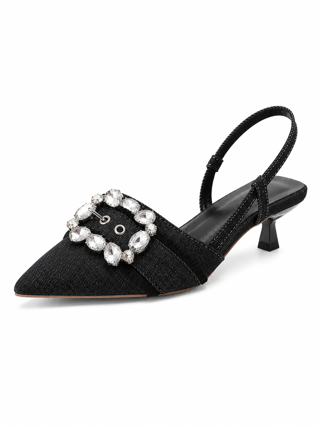 Rhinestone Buckle Slingback Heels for Women – Pointed Toe Denim Kitten Heel Pumps, Vintage Glam Dress Shoes