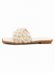 Women’s Pearl Embellished Slide Sandals – Boho Woven Flat Summer Slippers