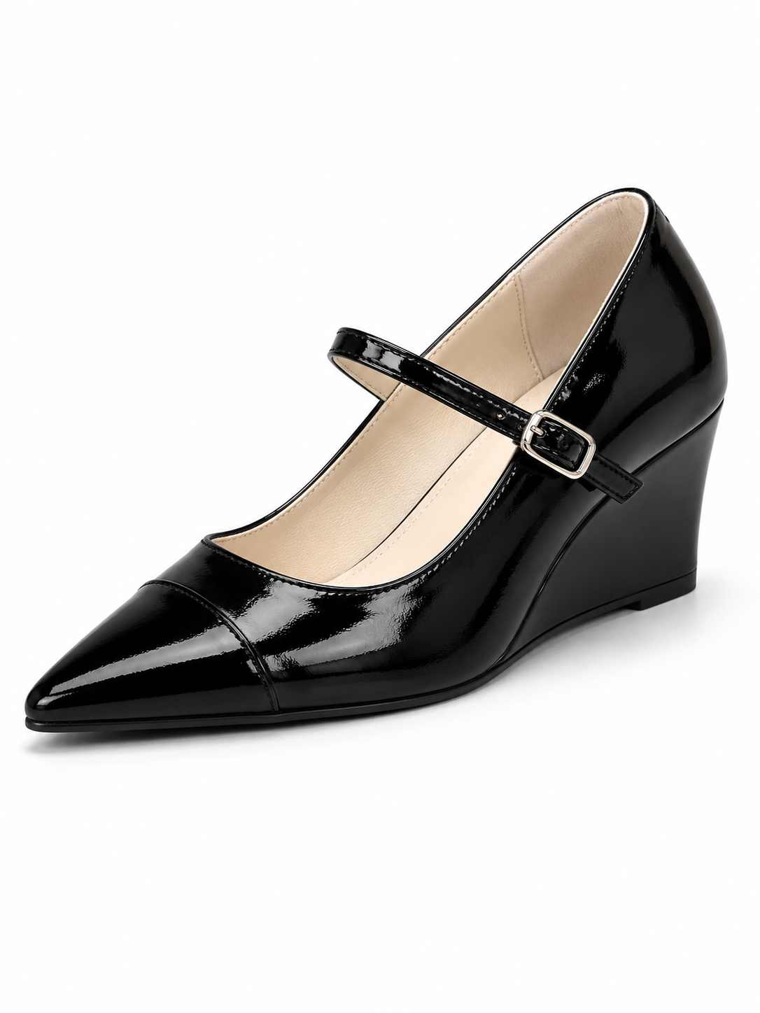 Women’s Pointed Toe Wedge Mary Jane Pumps – High-Shine Buckle Strap Heels