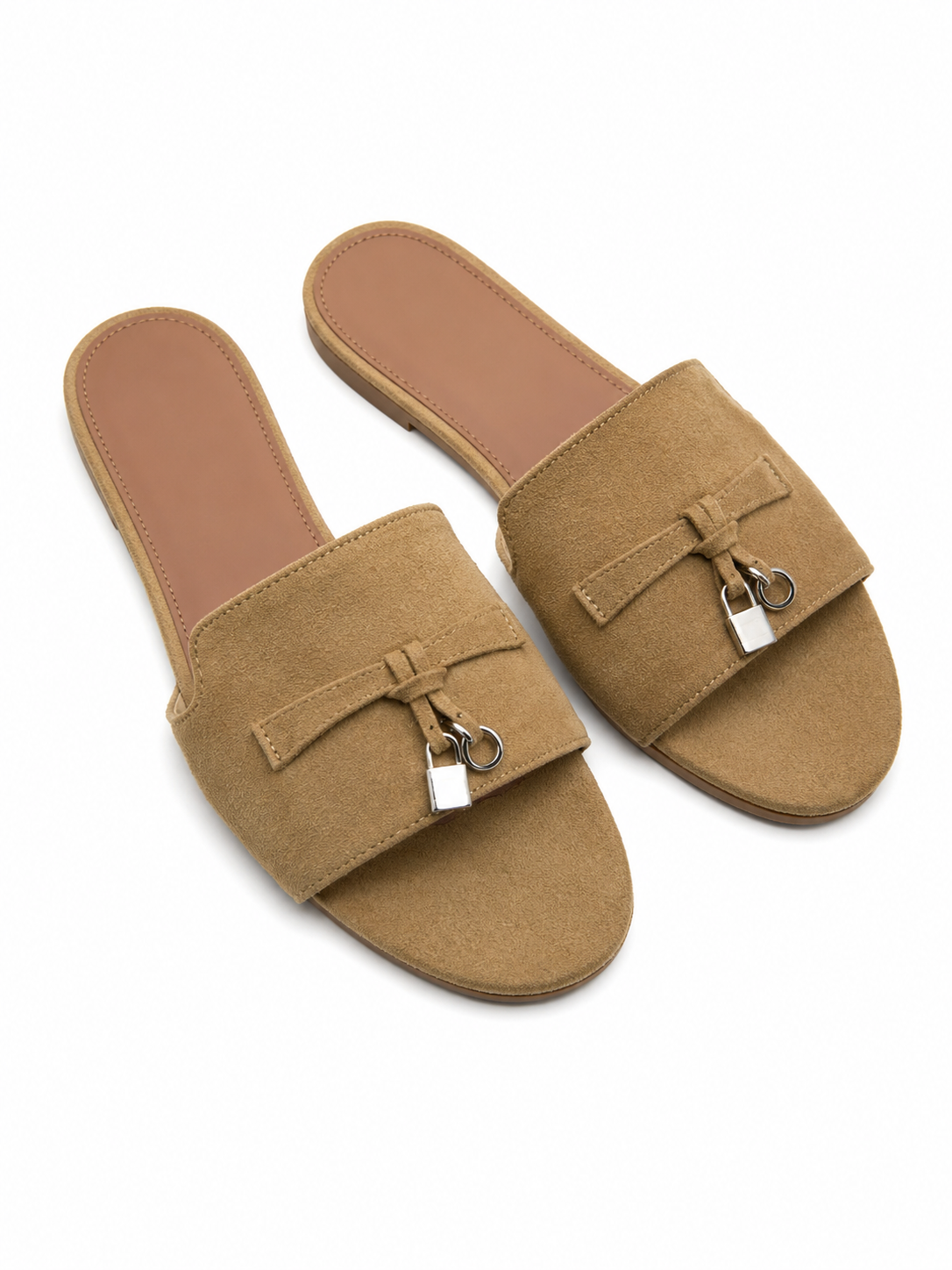 Women’s Minimalist Slide Sandals – Suede Flat Mule Slippers with Buckle Detail