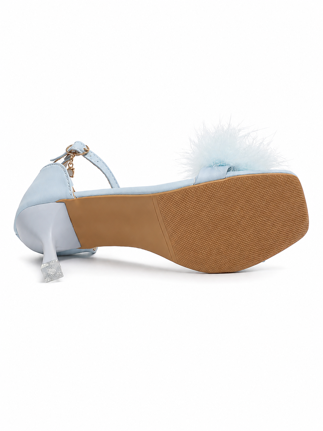 Blue Feather Ankle Strap Heels for Women – Elegant Stiletto Sandals with Fluffy Feather Detail