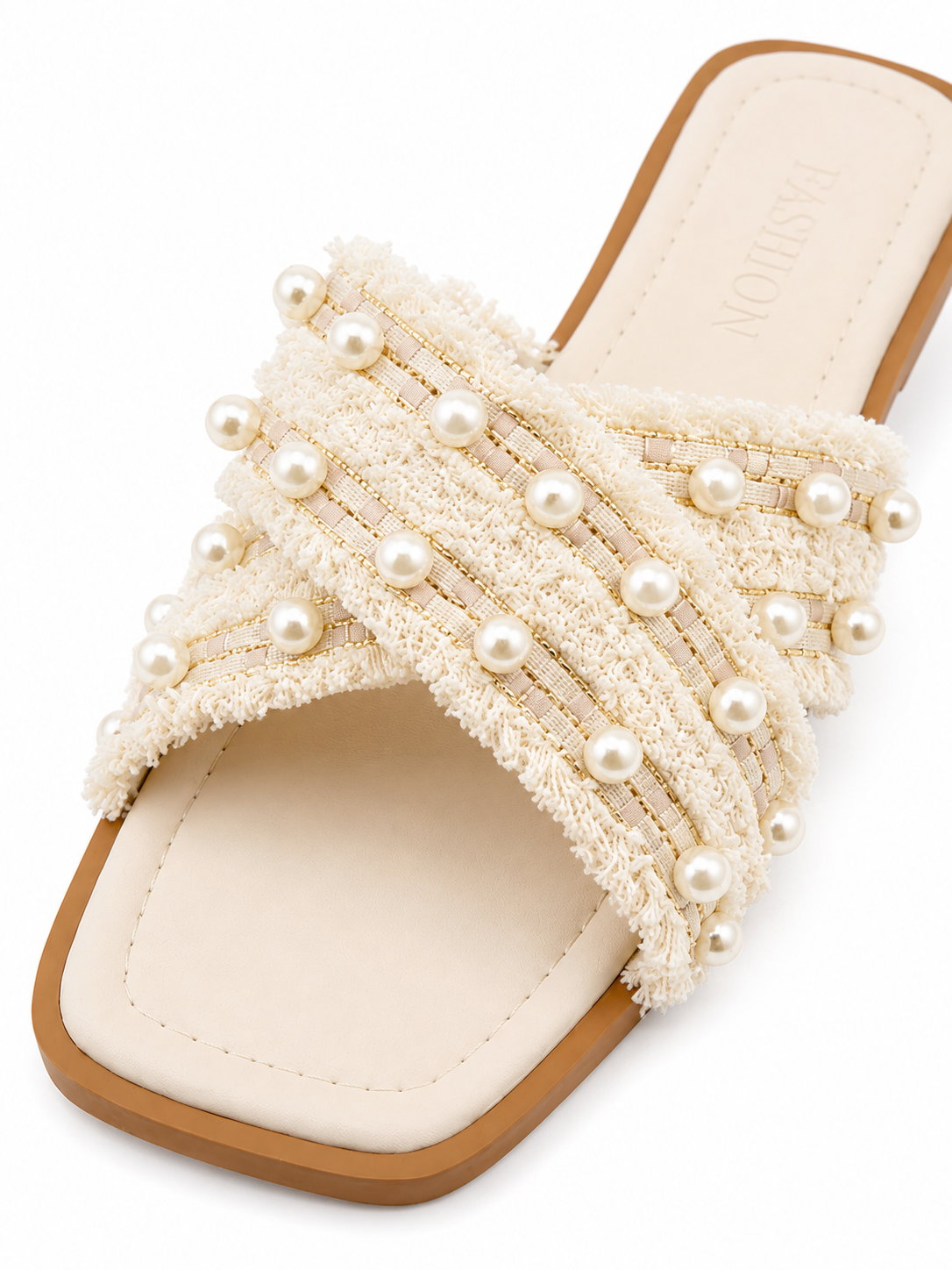 Women’s Pearl Embellished Slide Sandals – Boho Woven Flat Summer Slippers
