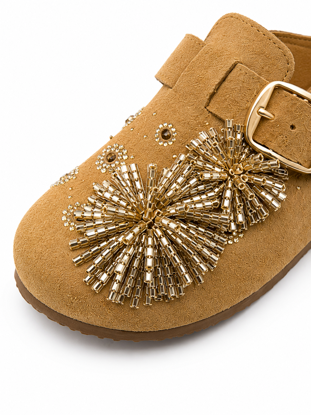 Women's Suede Clog Mules with Statement Beaded Flower Buckle