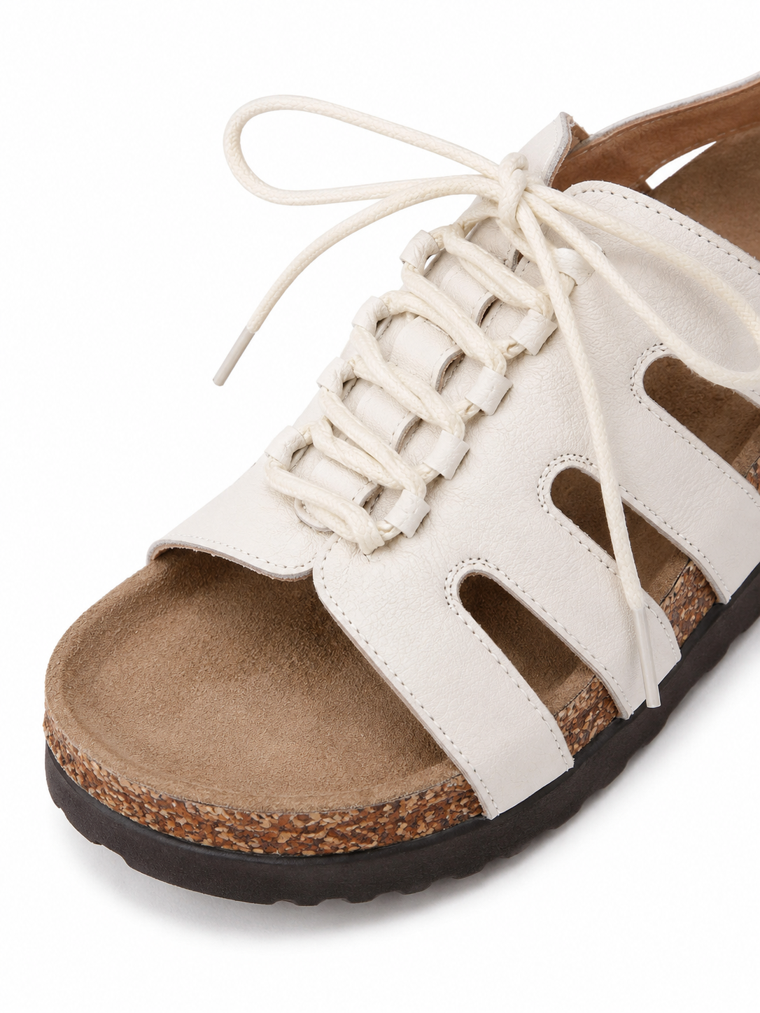 White Lace-Up Fisherman Cork Sole Flat Sandals