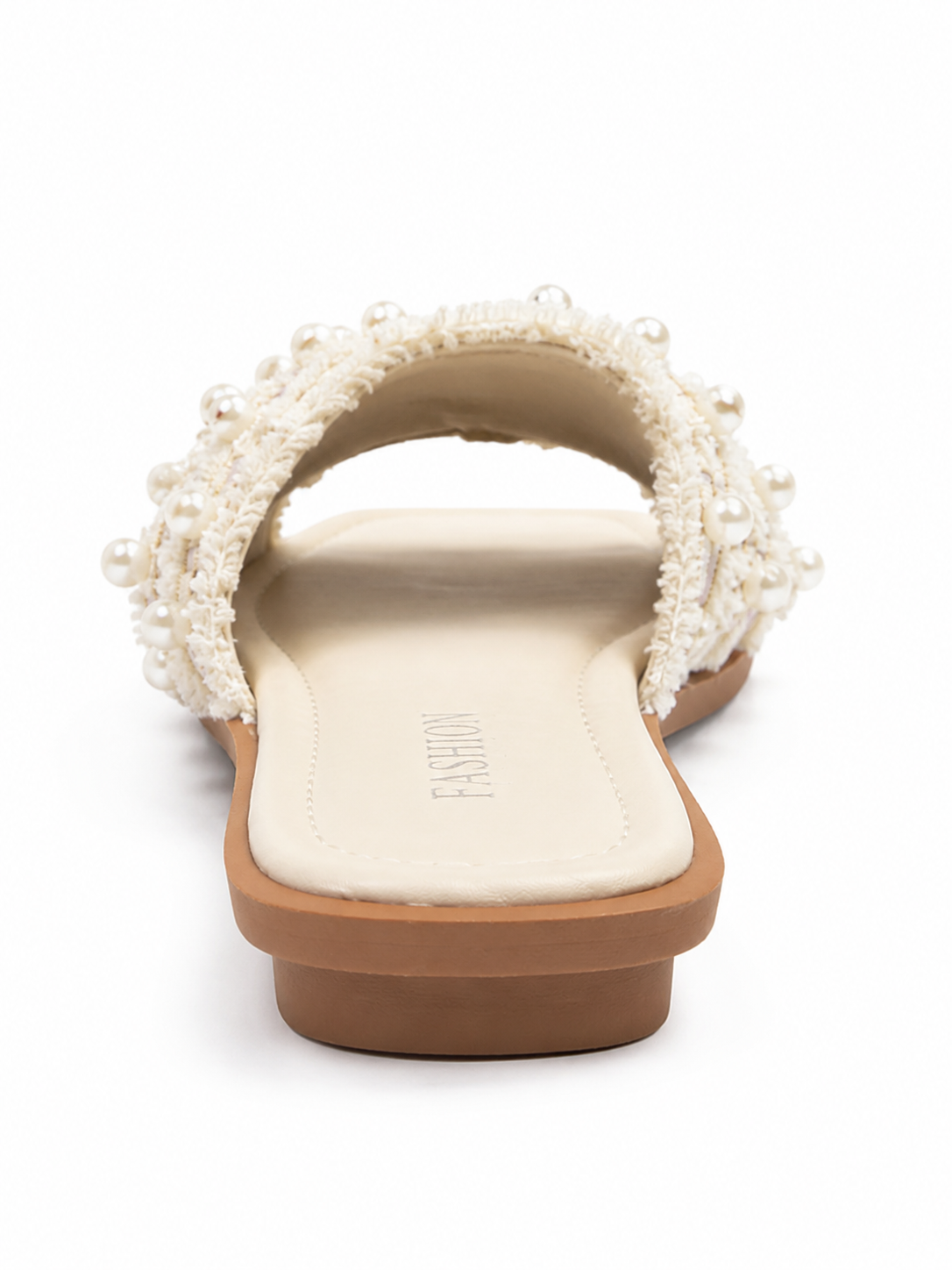 Women’s Pearl Embellished Slide Sandals – Boho Woven Flat Summer Slippers