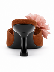 Women’s Floral High Heel Mule Sandals – Elegant Mesh Flower Slide Heels for Party & Date Night