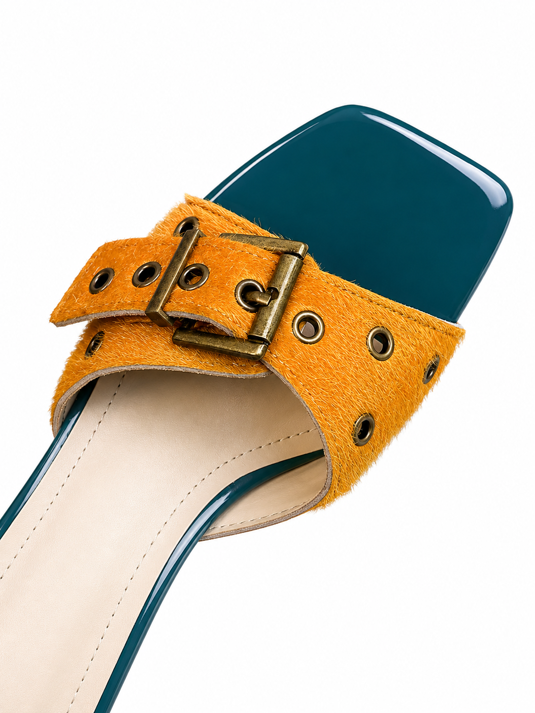 Retro Buckle Mule Heels for Women – Square Toe Kitten Heel Slide Sandals