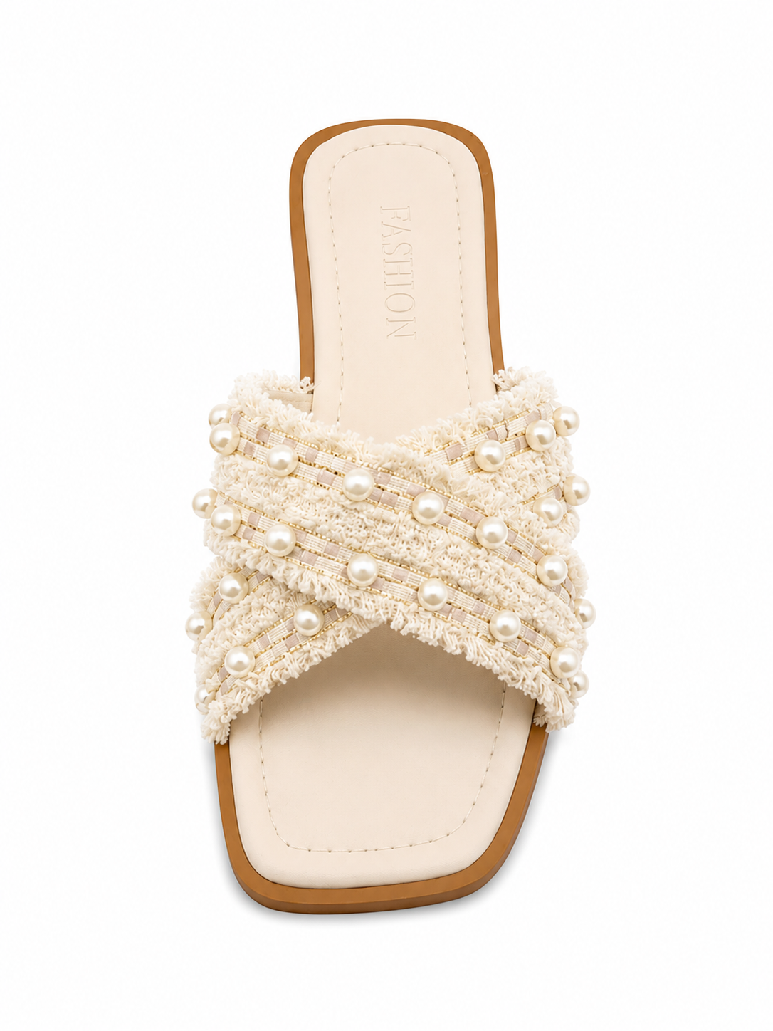Women’s Pearl Embellished Slide Sandals – Boho Woven Flat Summer Slippers