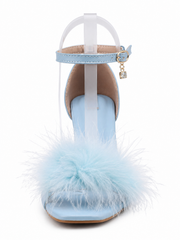 Blue Feather Ankle Strap Heels for Women – Elegant Stiletto Sandals with Fluffy Feather Detail