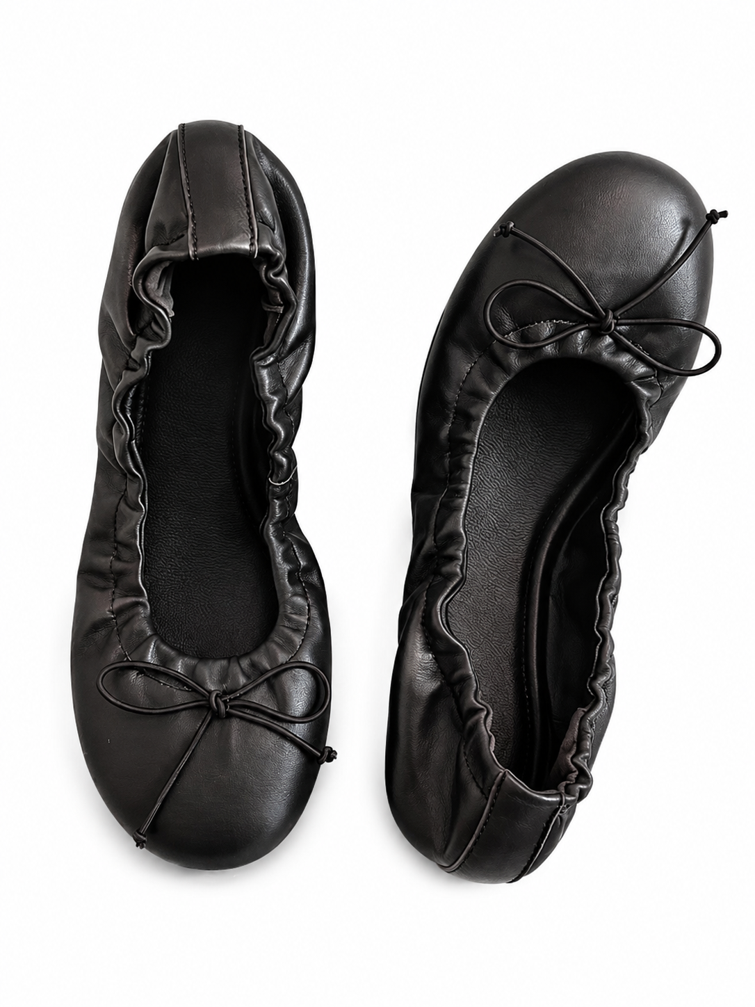 Vintage Ruched Ballet Flats for Women – Soft Leather Bow Ballet Shoes, Foldable Everyday Flats