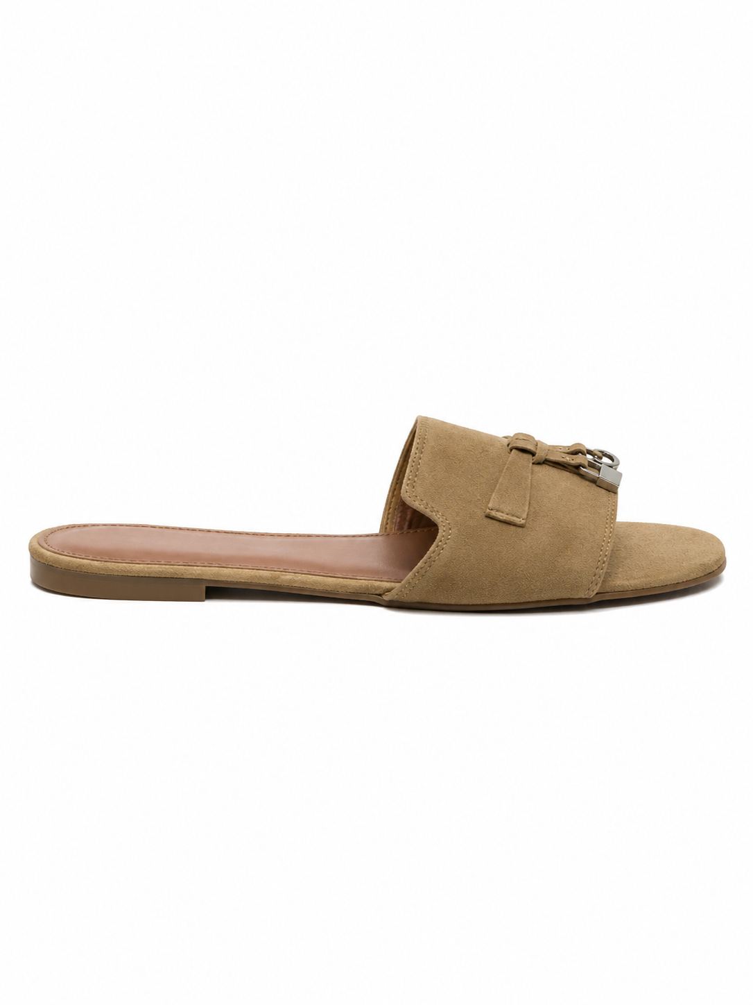 Women’s Minimalist Slide Sandals – Suede Flat Mule Slippers with Buckle Detail