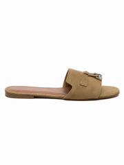Women’s Minimalist Slide Sandals – Suede Flat Mule Slippers with Buckle Detail