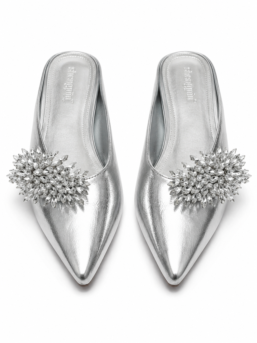 Women’s Rhinestone Mule Flats – Pointed Toe Metallic Slip On Loafers with Crystal Flower Detail