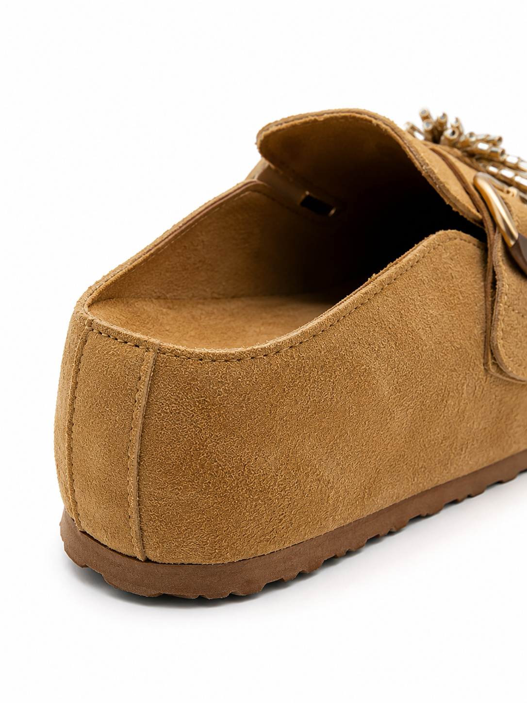 Women's Suede Clog Mules with Statement Beaded Flower Buckle